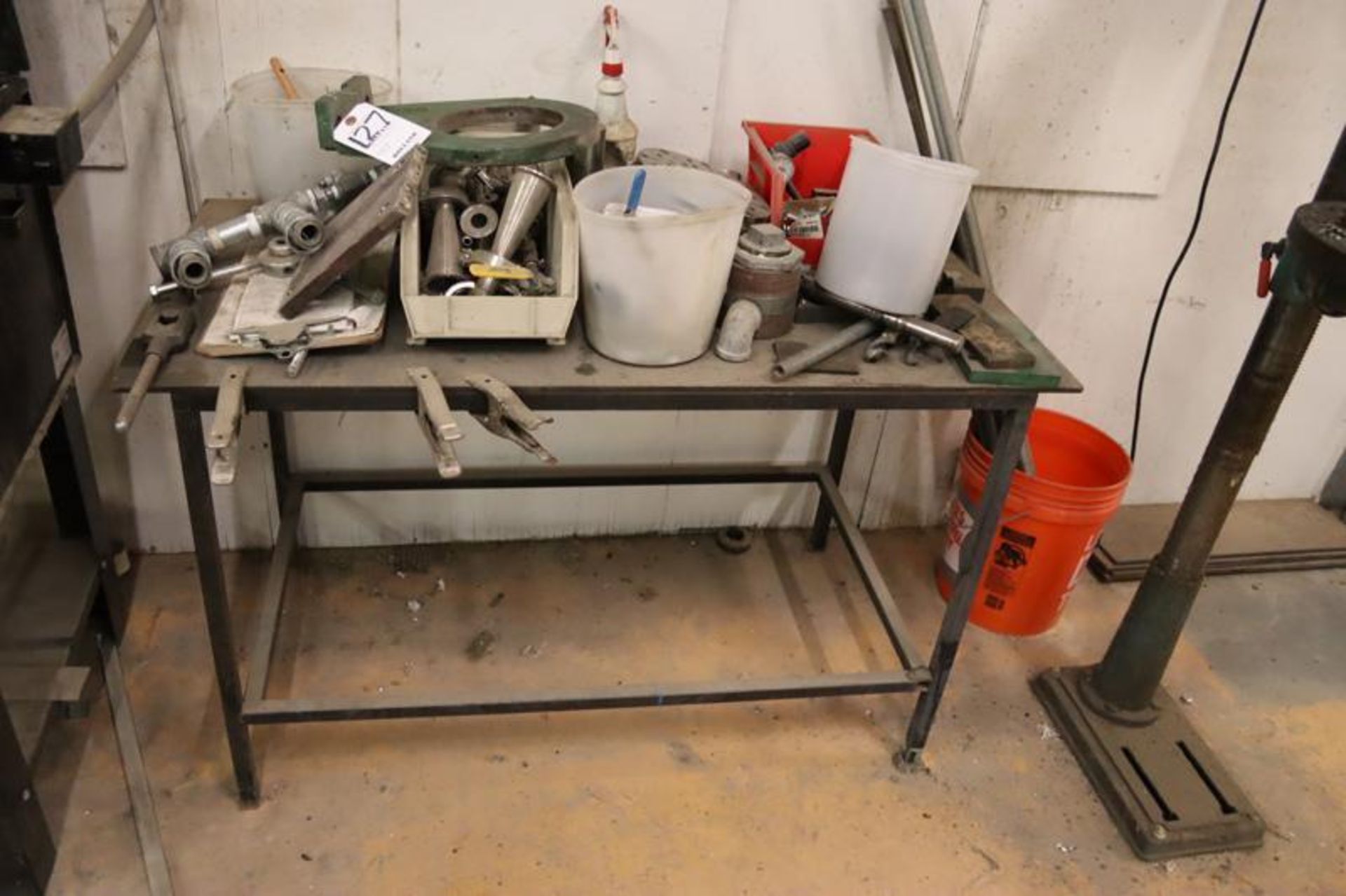 24"x45" Steel Table with Contents-S/S Fitting, Steel Parts, Etc. , Includes Threaded Rod in Bucket