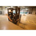 Toyota model 8FGUU25, 4500 lb. LP fueled forklift. S/N 20019, triple mast, solid tires, side shifter