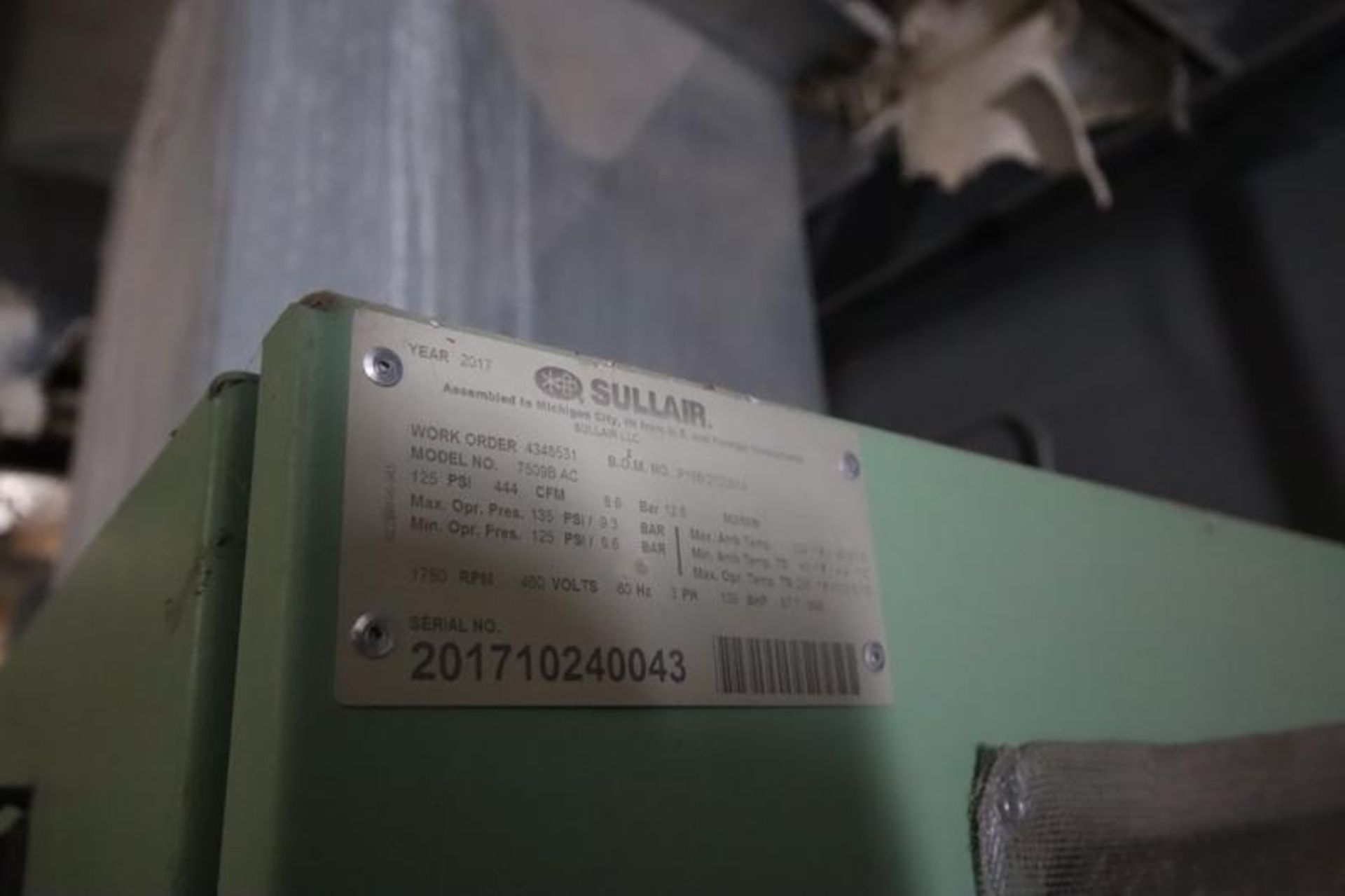 Sullair model 7509B air compressor. S/N 2017102440043, 2017, 135 psi max. air pressure, 444 CFM. 100 - Image 6 of 6