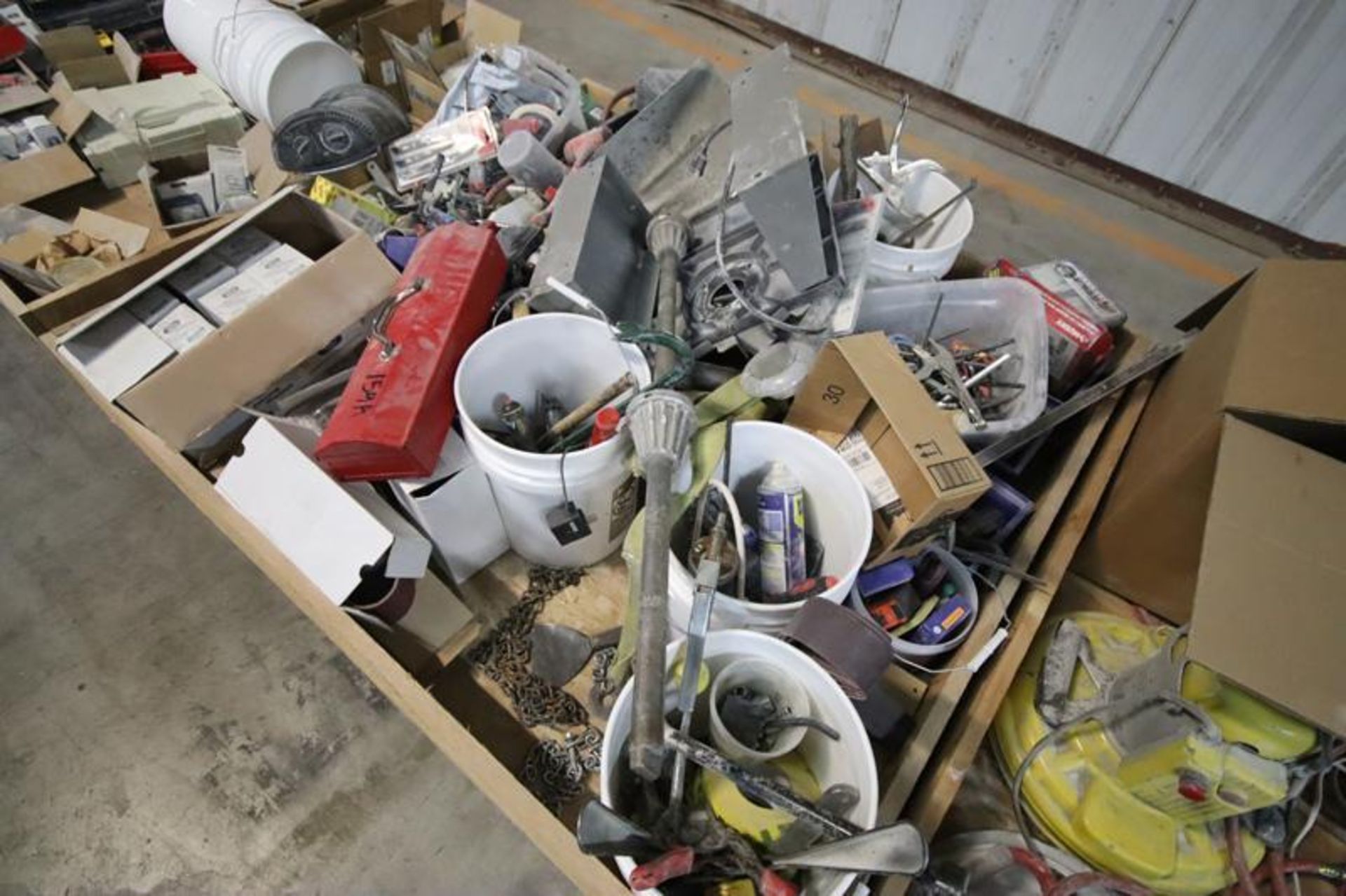 3-Skid Boxes with Contents-Hand Tools, Staples, Blades, Mitre Saw, Nailer, Stapler, Belt Sander, Etc - Image 4 of 4