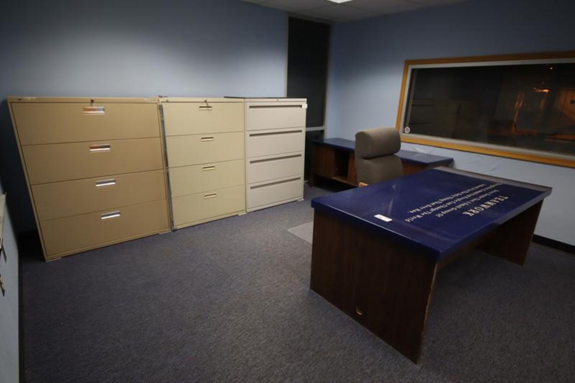 (3) Lateral 4-Drawer Files, Desk, Cradenza, Conference Table, (4) Chairs, Eraser Board, (Room 201) - Image 3 of 5