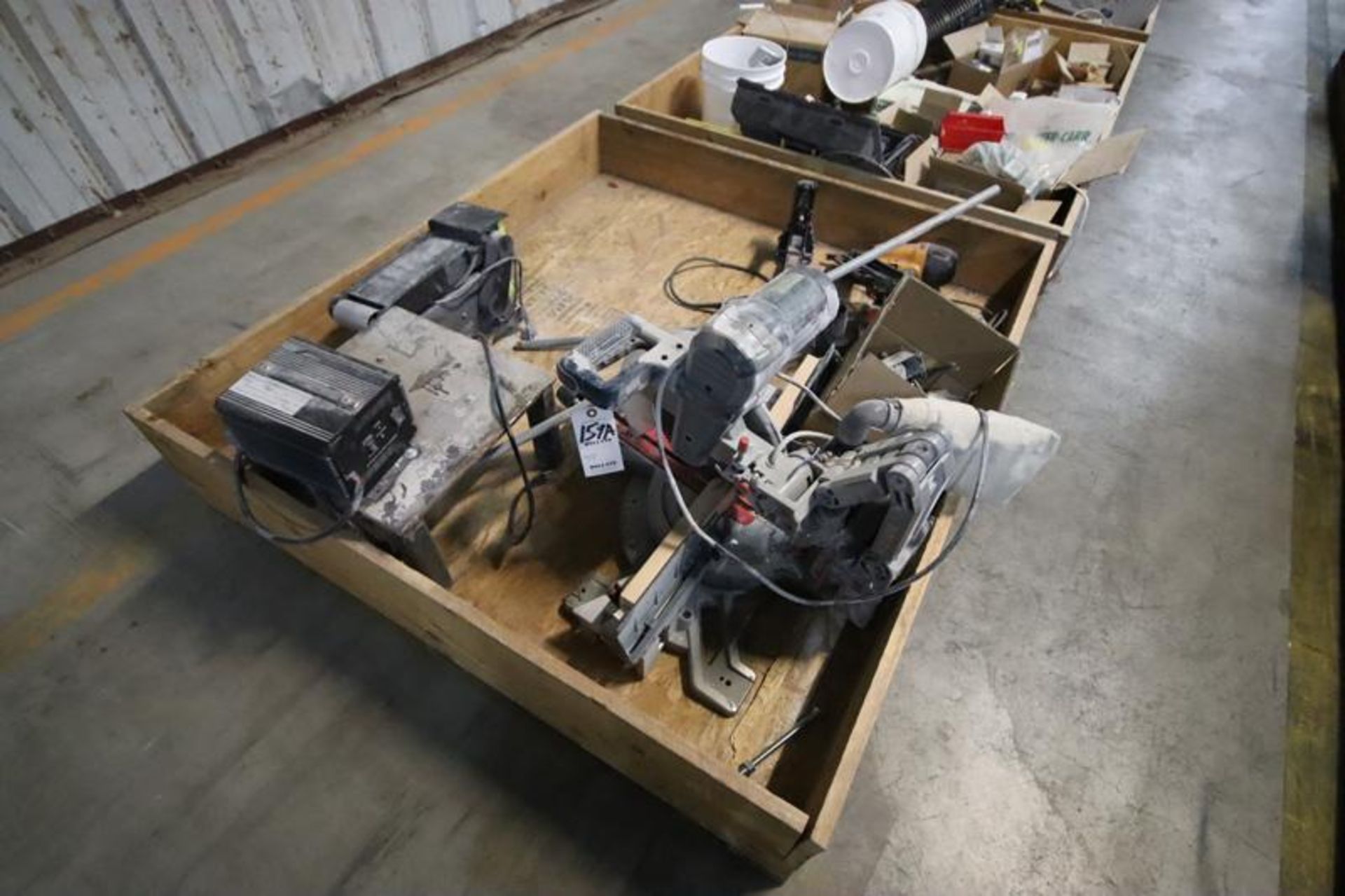 3-Skid Boxes with Contents-Hand Tools, Staples, Blades, Mitre Saw, Nailer, Stapler, Belt Sander, Etc