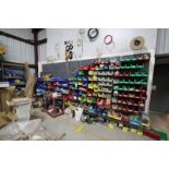 Appx. 20' of Bins on Wall And Gray Shelf Unit All With Contetns-Cylinders, Chain, Pulleys, Bearings,