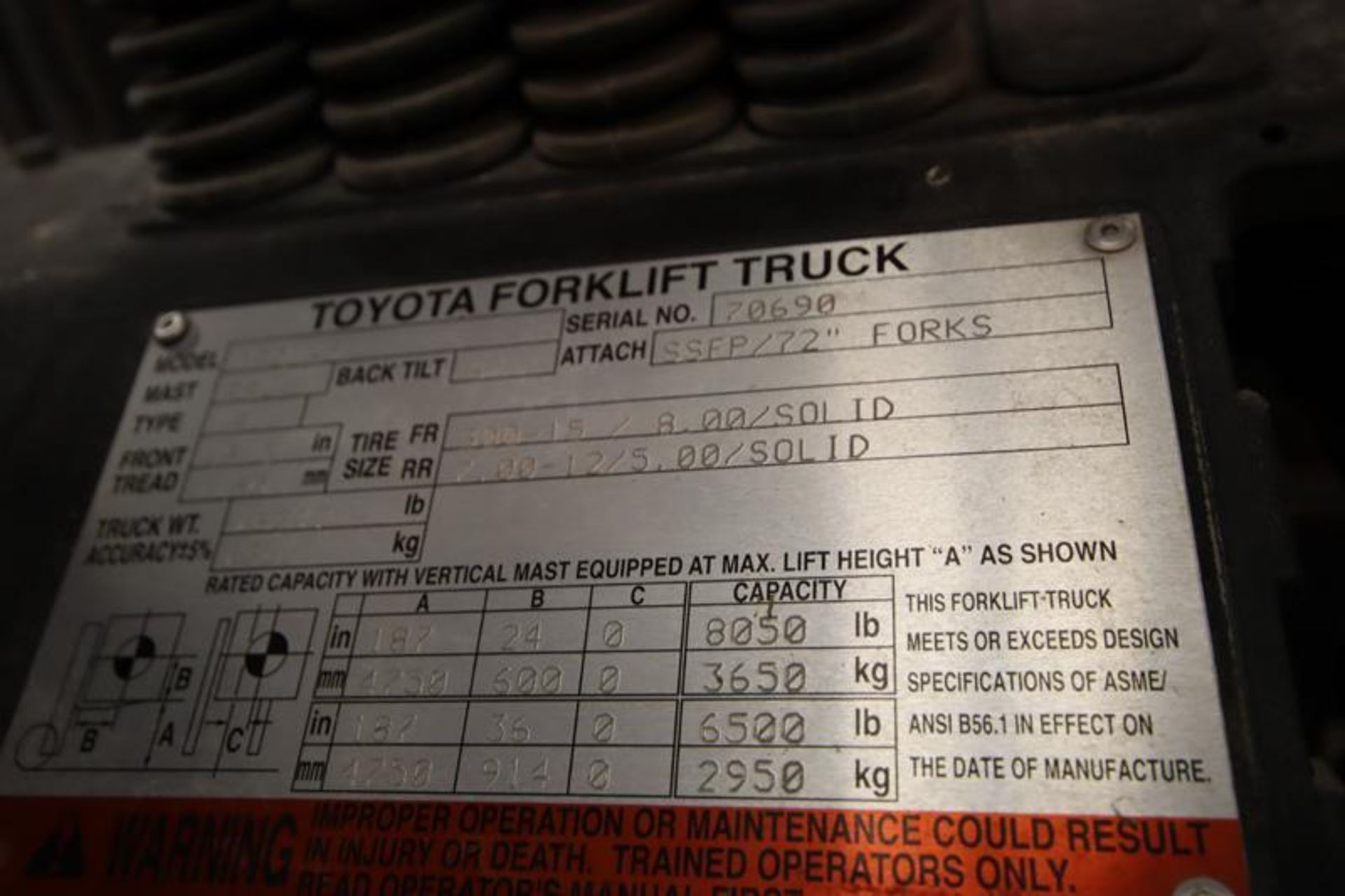 Toyota model 7FGU45, 8,000 lb. LP fueled forklift. S/N 70690, triple mast, solid tires, side shifter - Image 7 of 10