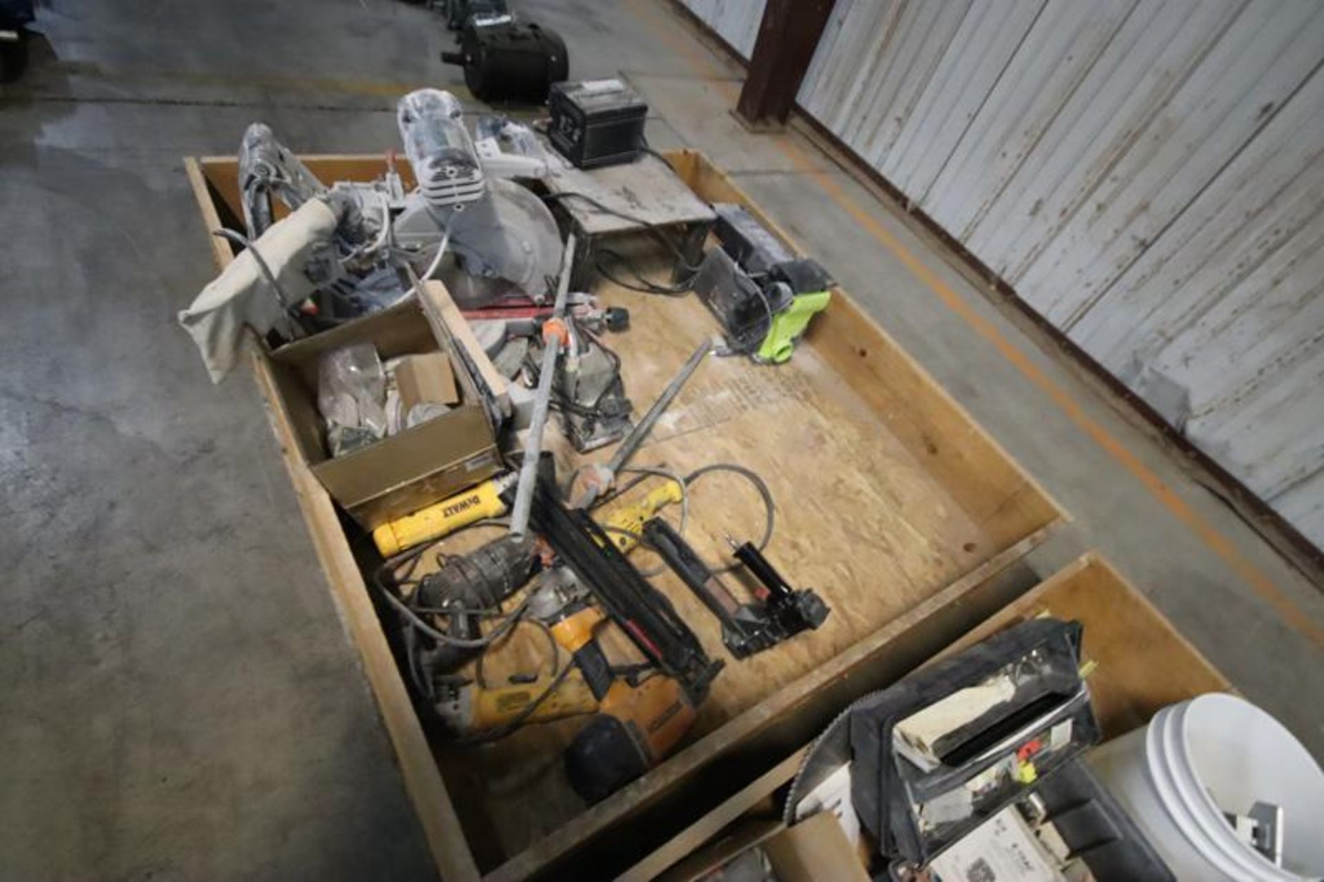 3-Skid Boxes with Contents-Hand Tools, Staples, Blades, Mitre Saw, Nailer, Stapler, Belt Sander, Etc - Image 2 of 4