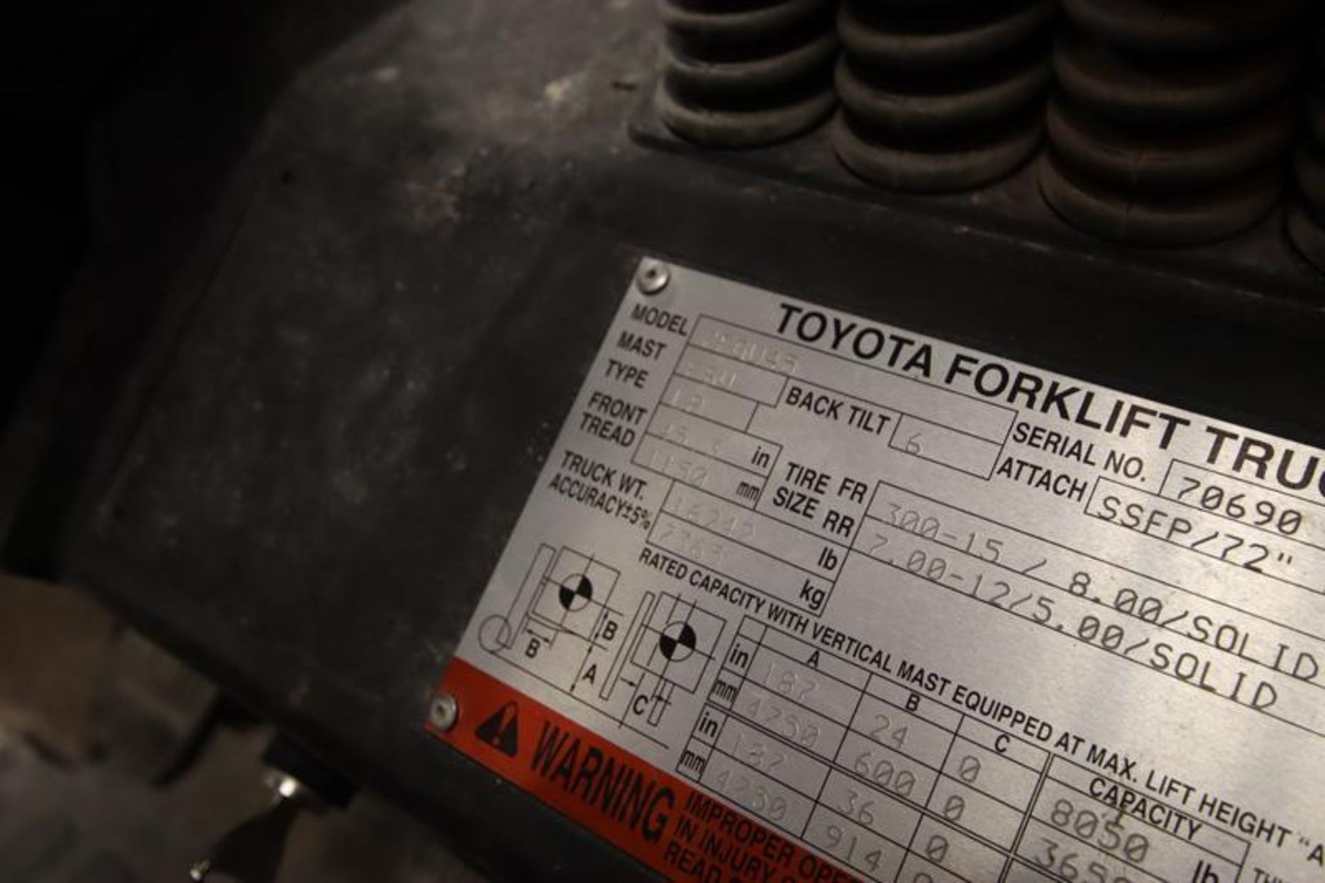 Toyota model 7FGU45, 8,000 lb. LP fueled forklift. S/N 70690, triple mast, solid tires, side shifter - Image 8 of 10