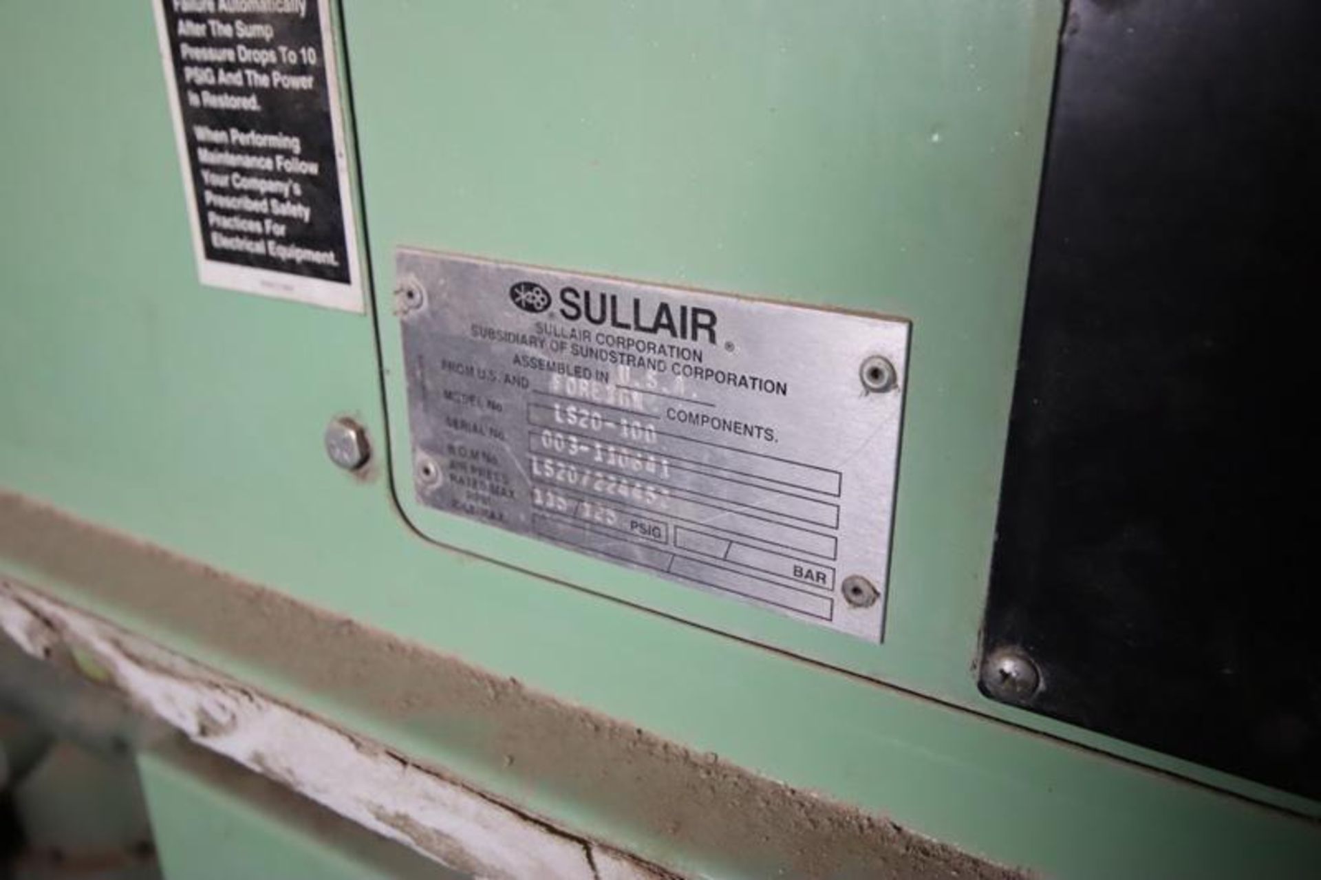 Sullair model LS20-100 rotary screw air compressor. S/N 003-1106, 2002, 125 max. psi, 100 HP - Image 3 of 4