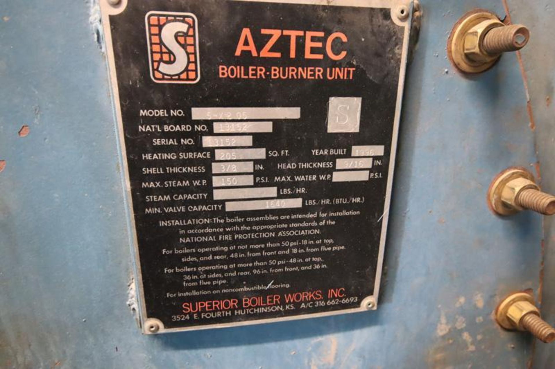 Aztec Superior model 5-X-205 Natural gas fired boiler. S/N 13152, 1996, 1650 lb.'s per hour steam ca - Image 3 of 3