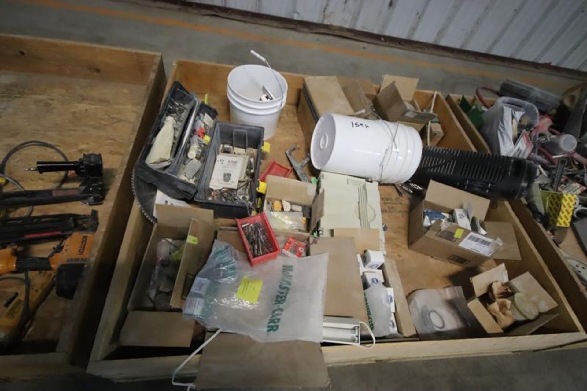 3-Skid Boxes with Contents-Hand Tools, Staples, Blades, Mitre Saw, Nailer, Stapler, Belt Sander, Etc - Image 3 of 4