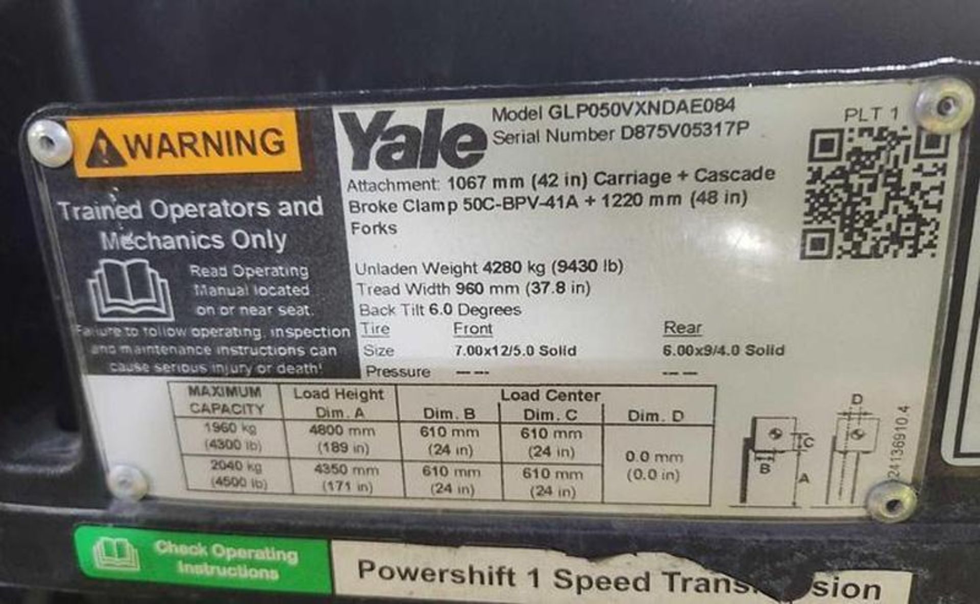 YALE GLP050VXNDAE084 5000LB FORKLIFT WITH FORK CLAMP ATTACHMENT - Image 6 of 6