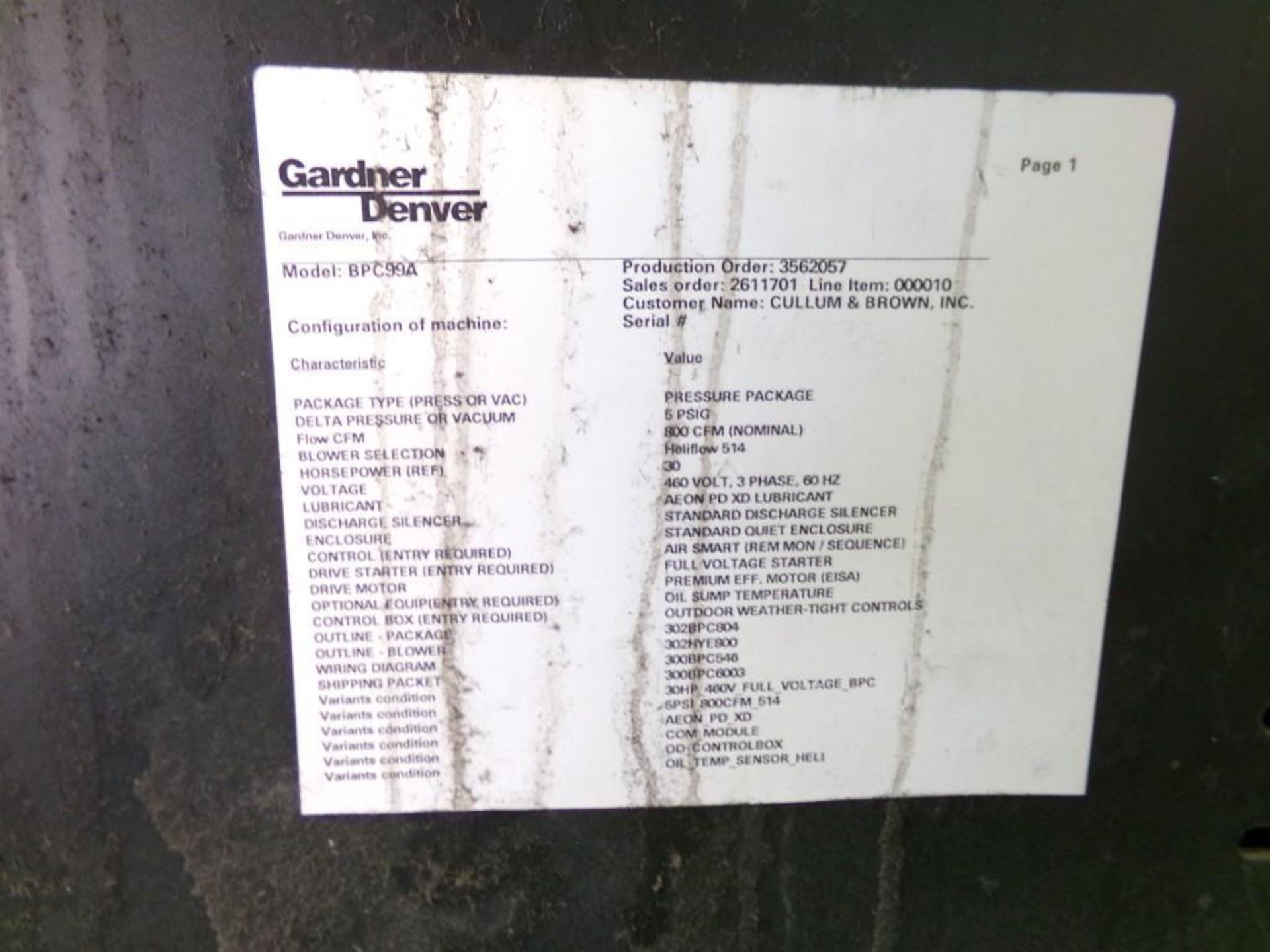 Gardner Denver Compressor, 30 HP, 5PSIG, 800CFM - Image 4 of 4