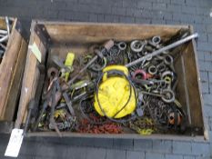 Skid box of assorted eye bolts, chains, clamps etc.