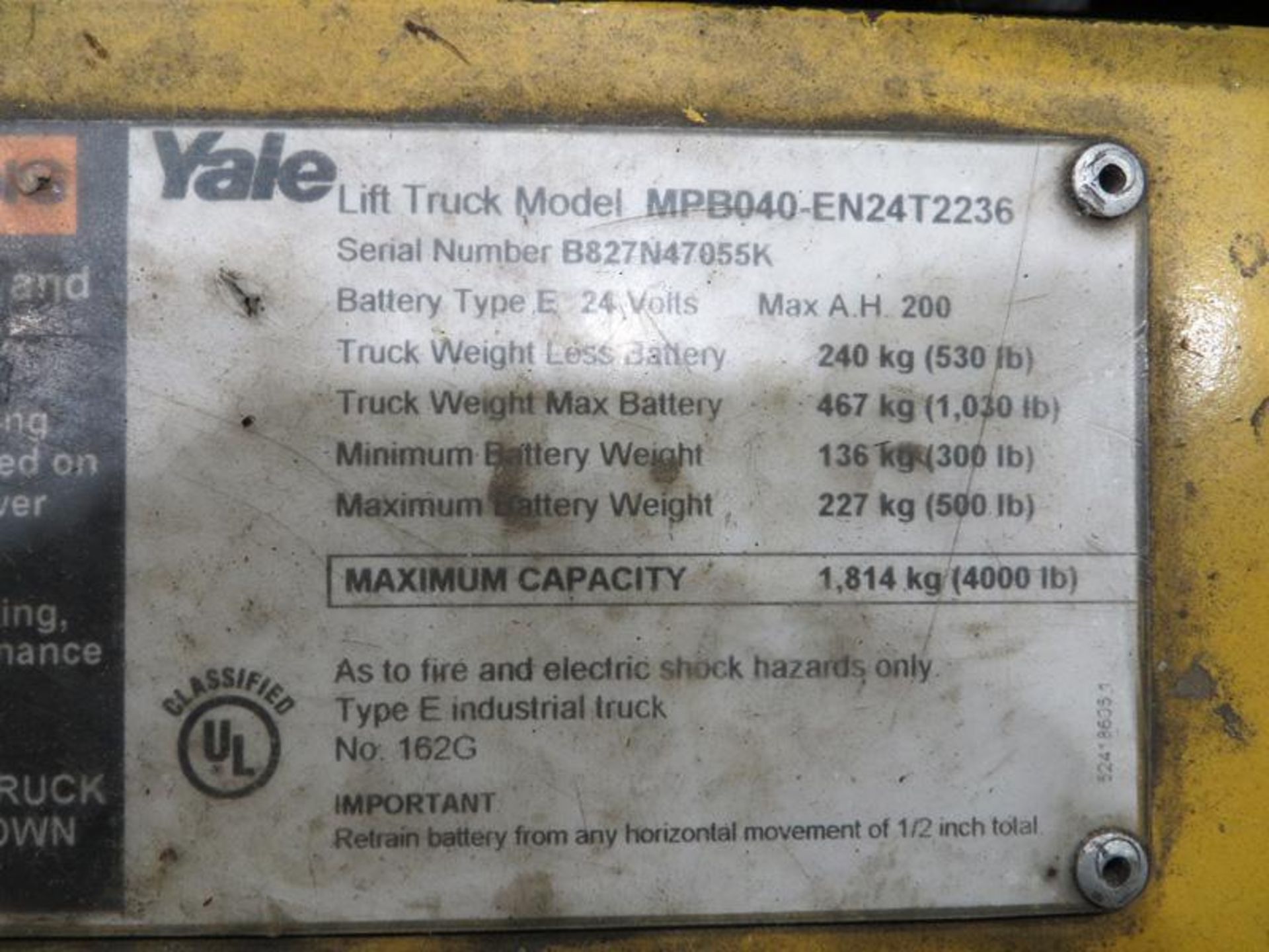 Yale electric pallet jack, 4,000lb capacity, M/N MPB-040-EN24T2236 - Image 3 of 3