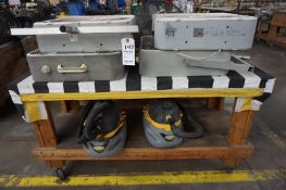 Lot (4) AirKing Pedestal Mount Box Fans, (2 Carts) Industrial fans, (2) Emerson Stinger Wet/Dry Vacs