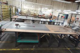 Industrial Fabric Cutting Station with (2) Steel Cutting Lines and (2) Eastman Unisafe Electric Cutt