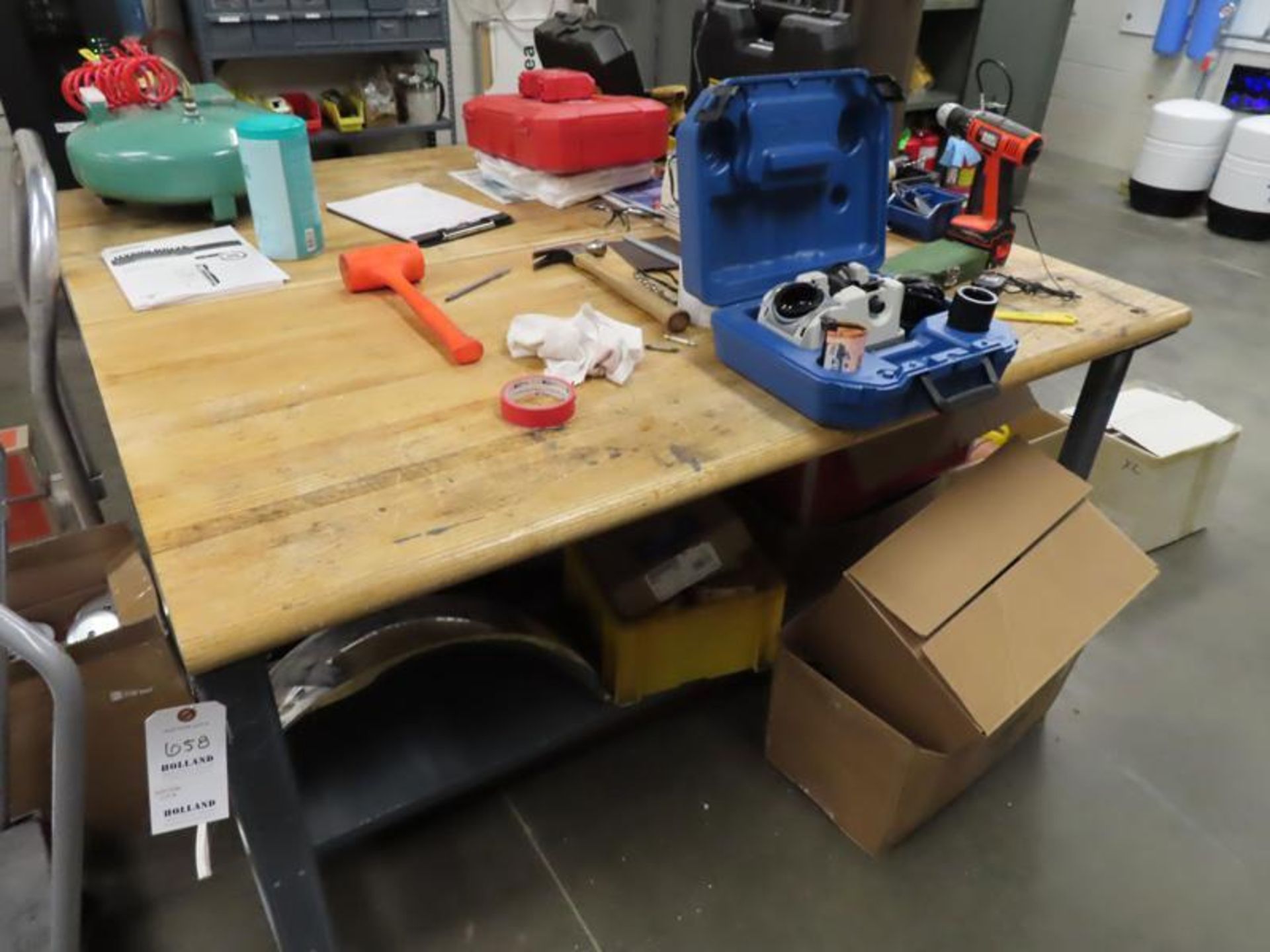 Two Work Benches and contents including pancake air compressor, DeWalt Drill, Drill Doctor Bit Sharp