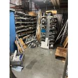 Racking and contents including copper, aluminum rods, floor grates, steel, moving carts, all thread,