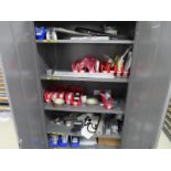 Metal Storage Cabinet & Contents including motors, belts, new parts, cylinders