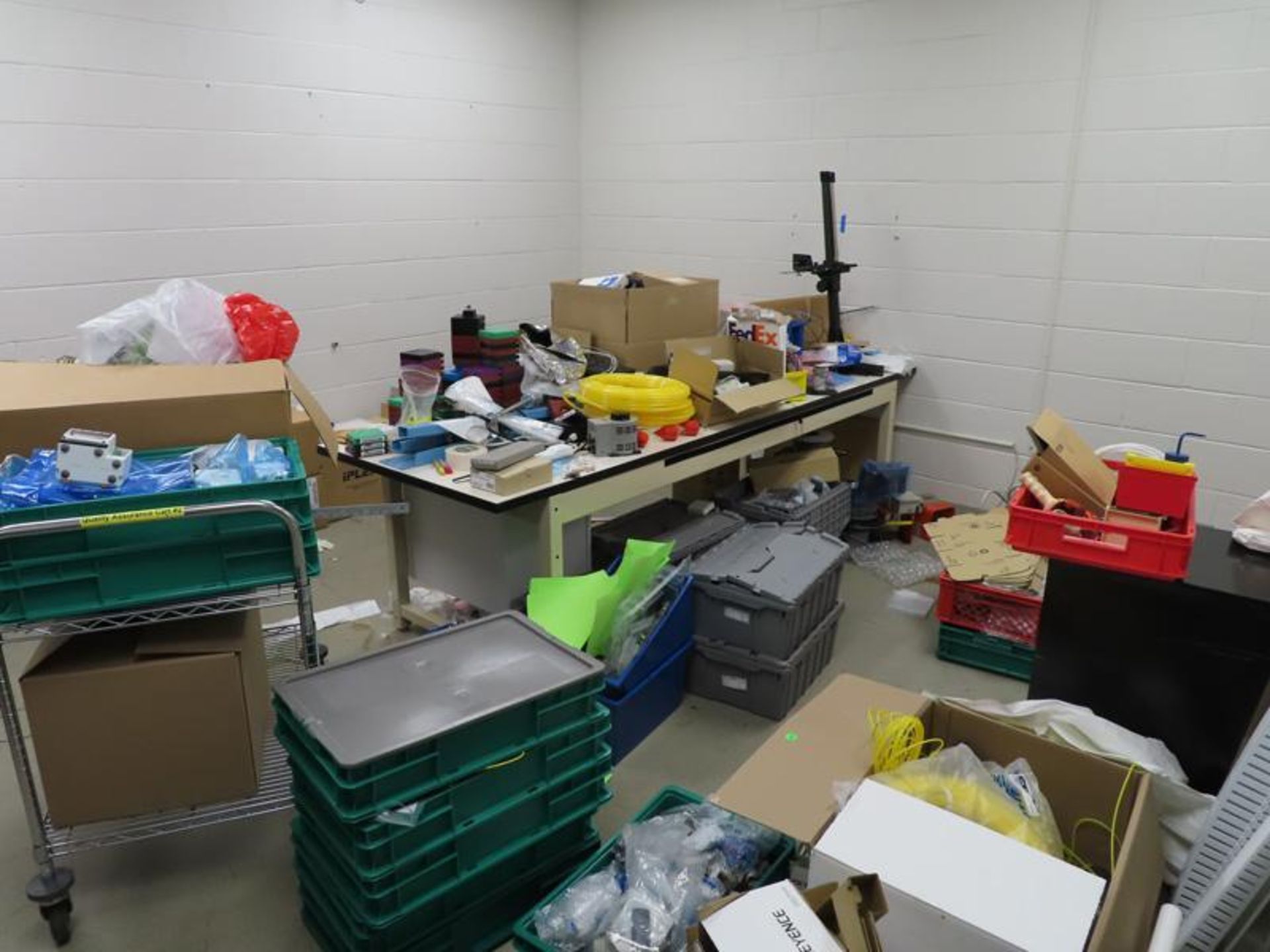 Contents of Room including carts, work tables, Parts, File Cabinet, Moorefeed Corp Vibratory Feeder