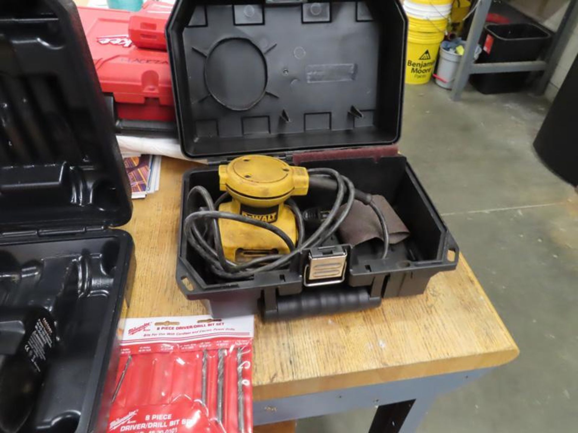 Two Work Benches and contents including pancake air compressor, DeWalt Drill, Drill Doctor Bit Sharp - Image 4 of 6