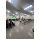 14 tables (30" wide x 8ft long) and approximately 50 rolling office chairs
