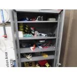 6ft Metal Storage Cabinet & Contents, air hose, safety tapes, surge protectors