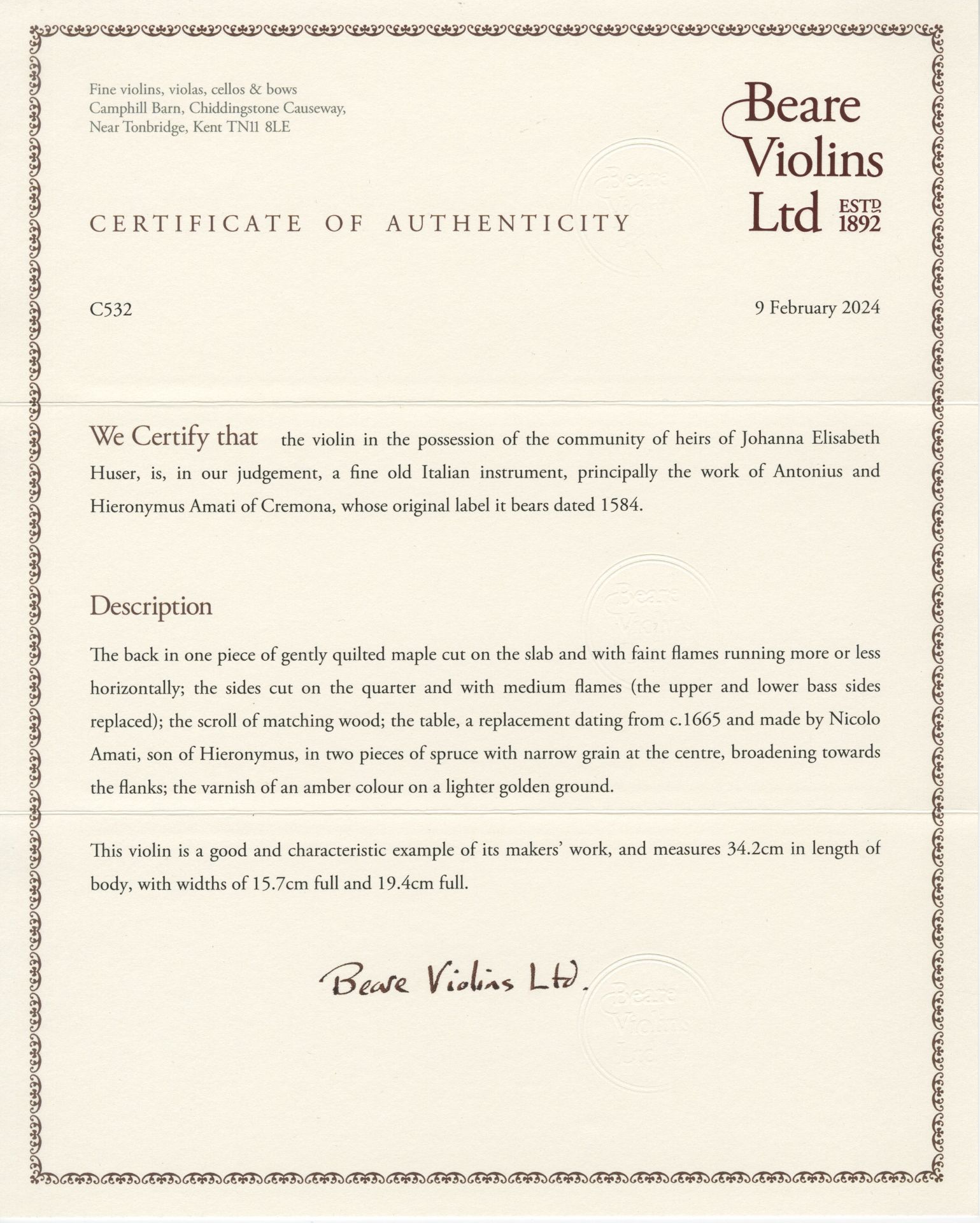 Violon par A&H Amati, Crémone 1584. (34.3 mm). Avec certificats W.E. Hill & Sons et H. Werro - Bild 13 aus 14