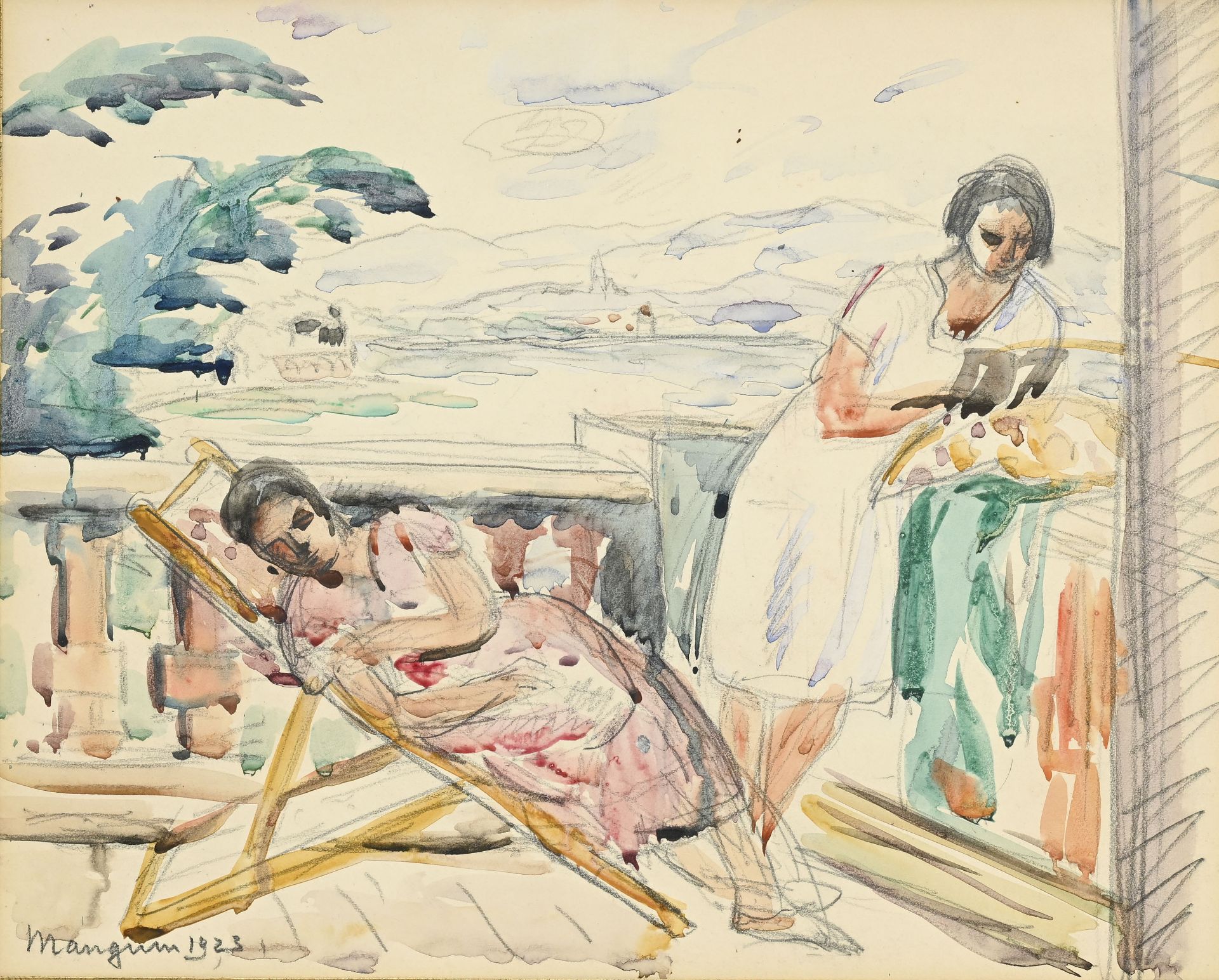 Henri Manguin (1874-1949), Deux femmes sur un balcon, 1923, aquarelle et crayon de graphite sur papi