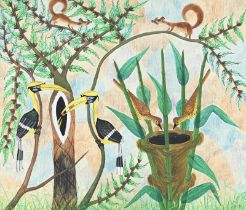 Pilipili Mulongoy (1914-2007), Composition aux écureuils et oiseaux, huile sur toile montée sur cart