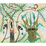 Pilipili Mulongoy (1914-2007), Composition aux écureuils et oiseaux, huile sur toile montée sur cart