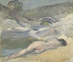 Charles Camoin (1879-1965), Nu au bord de la rivière (Douchka) , 1948, huile sur toile, signée, 36,