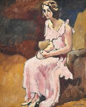 Louis Valtat (1869-1952), Jeune femme à la robe rose, huile sur toile, signée, 46x38 cm
