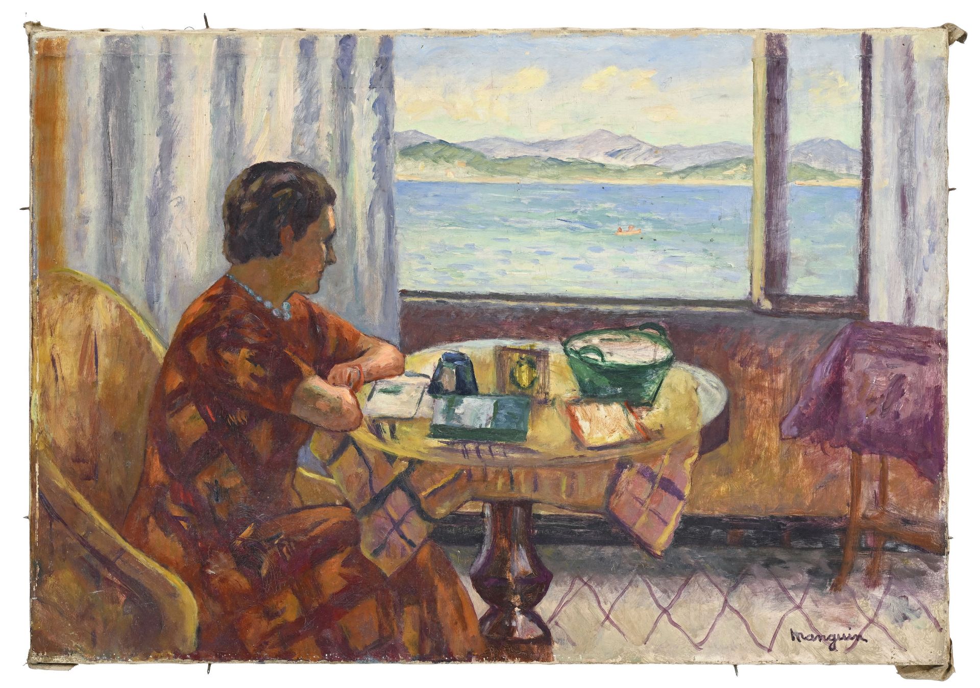 Henri Manguin (1874-1949), Odette devant la mer dans l'atelier de l'Oustalet , été 1938, huile sur