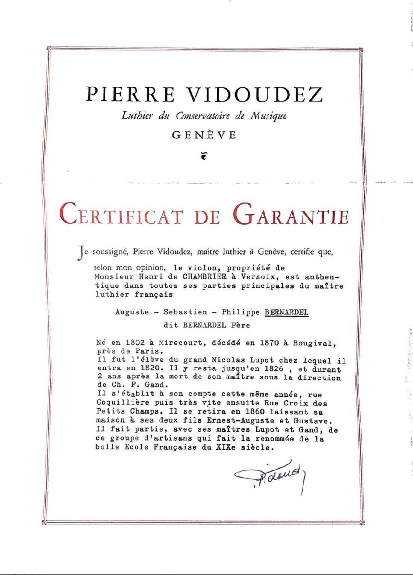 Violon français par A.S.P Bernardel, avec étiquette originale, certificat de Vidoudez - Image 9 of 10