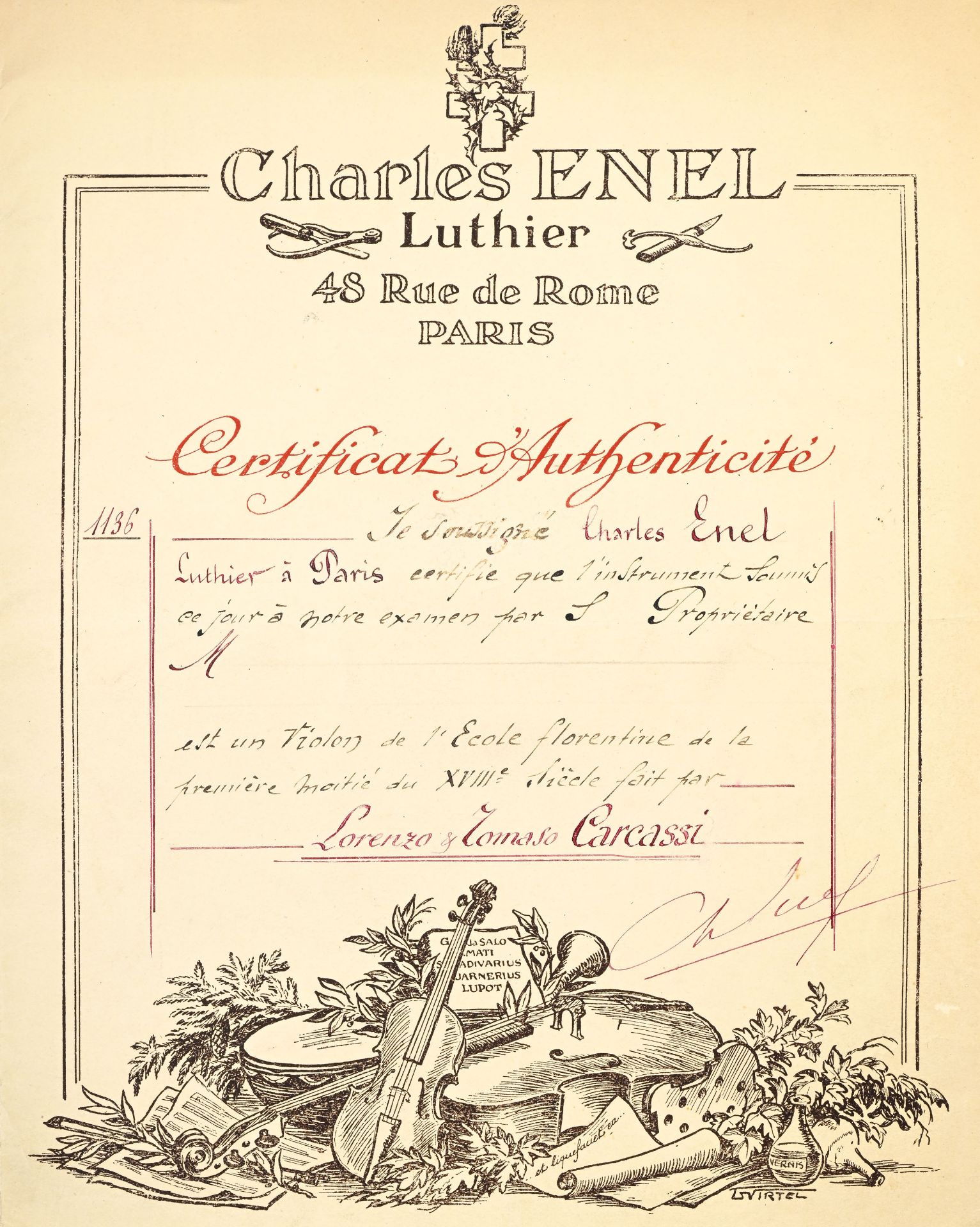 Violon du XVIIIe s. des frères Carcassi, avec certificat d'Etienne Vatelot de sept 1976, 353 mm - Image 12 of 13