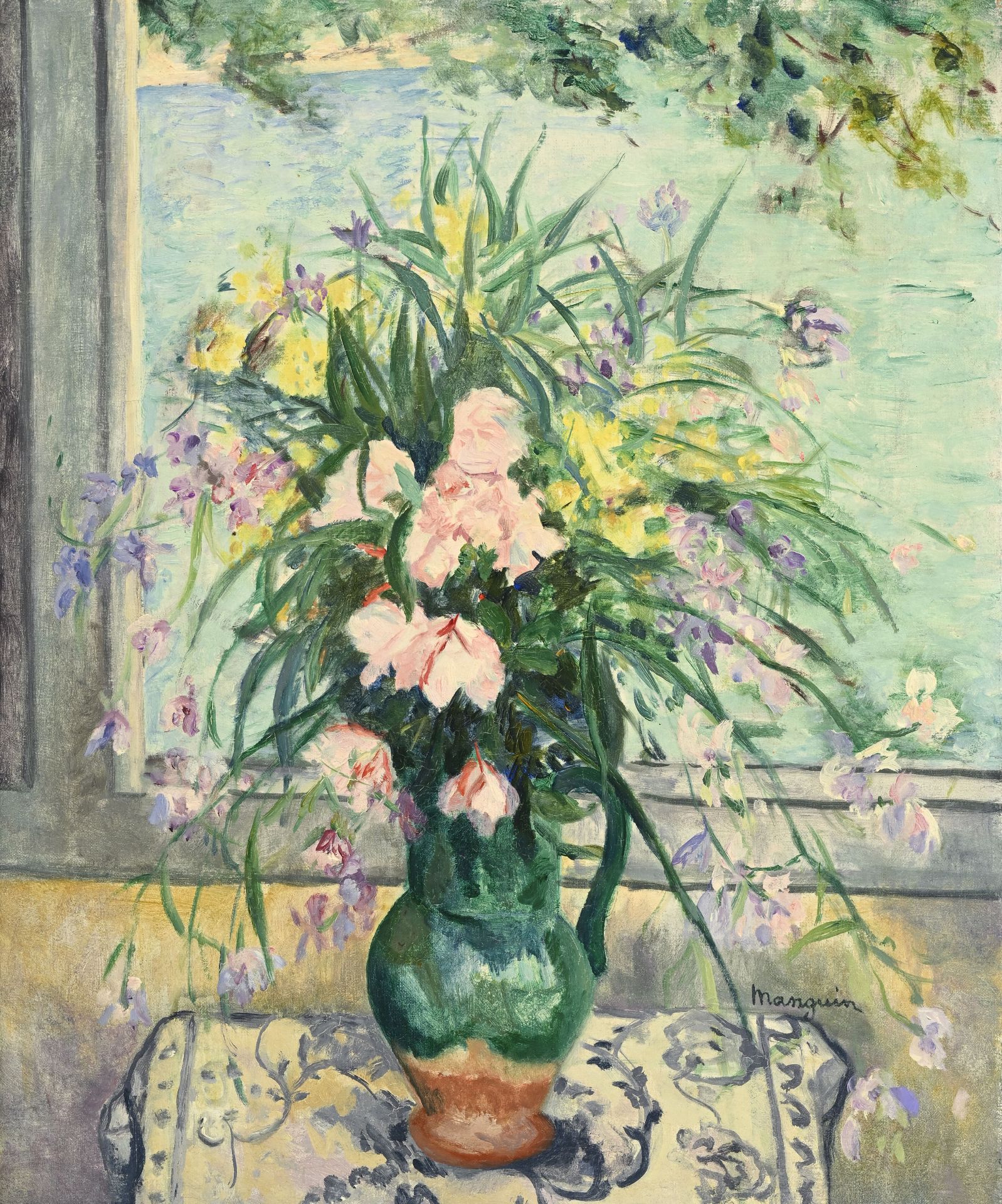 Henri Manguin (1874-1949), Lauriers-Roses et pois de senteur devant la véranda , 1935, huile sur to