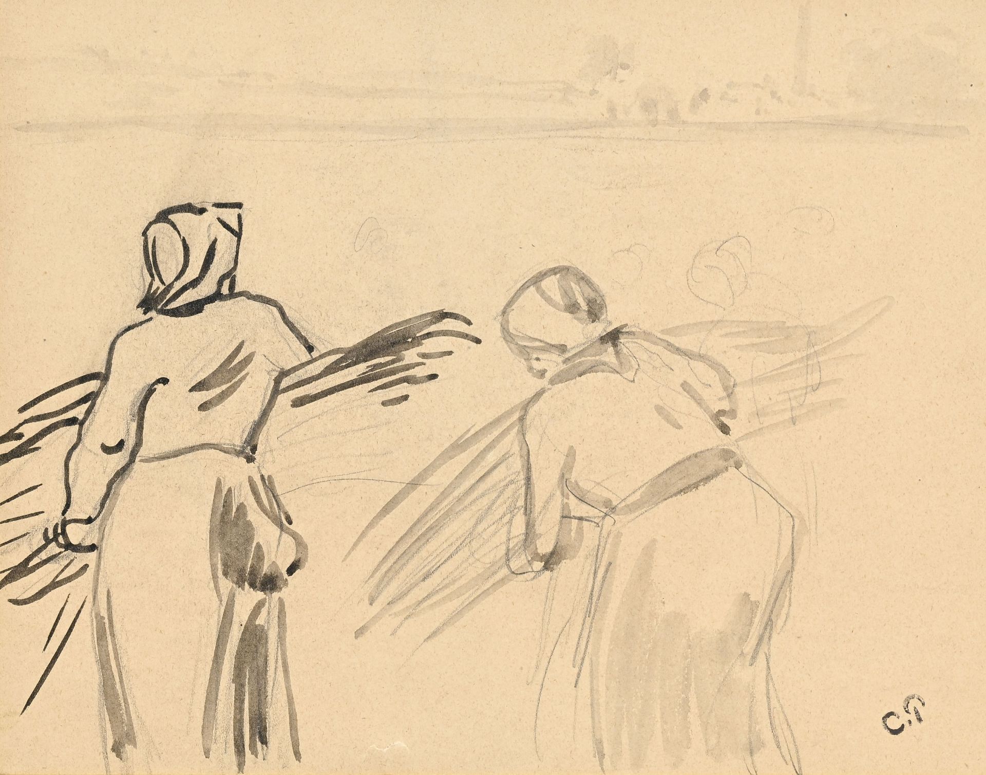 Camille Pissarro (1830-1903), Etudes de personnages, dessin recto-verso, estampillé C.P (L613B) su