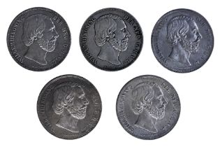 NETHERLANDS 2 1/2 GULDEN 1850, 1857, 1858, 1870 (5)