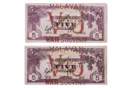 TWO MALAYA JAPANESE GOVERNMENT WAR SOUVENIR 5 DOLLARS