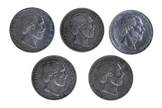 NETHERLANDS 2 1/2 GULDEN 1850, 1851, 1854, 1858 (5)