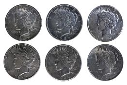 A GROUP OF UNITED STATES PEACE DOLLARS (6)