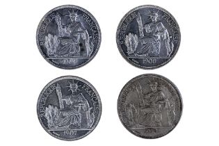 FRENCH INDOCHINA PIASTRE 1907 A, 1908 A, 1909 A, 1910 A (4)