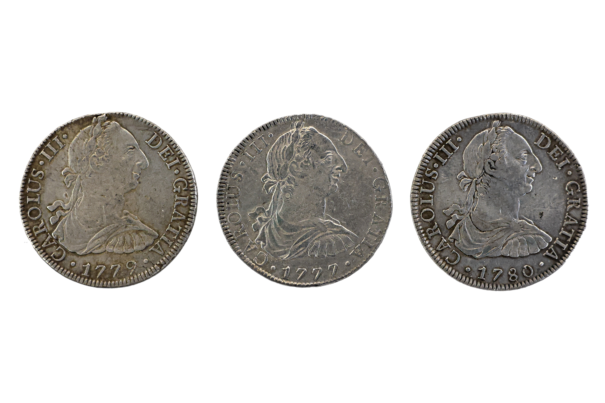 MEXICO 8 REALES 1777, 1779, 1780 (3)