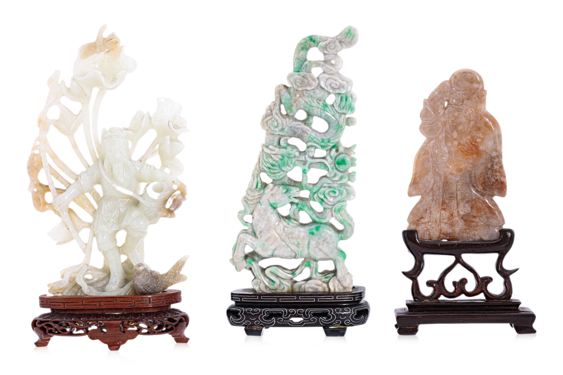 A GROUP OF EIGHT JADE ITEMS WITH WOOD STANDS - Image 2 of 6