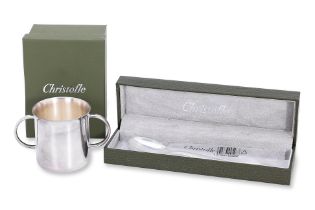 A CHRISTOFLE SILVER LOVING CUP AND SILVER PLATED SPOON