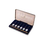 A SET OF SIX ENGLISH SILVER AND ENAMEL TEA SPOONS