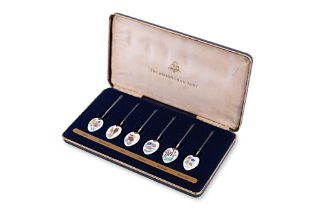A SET OF SIX ENGLISH SILVER AND ENAMEL TEA SPOONS