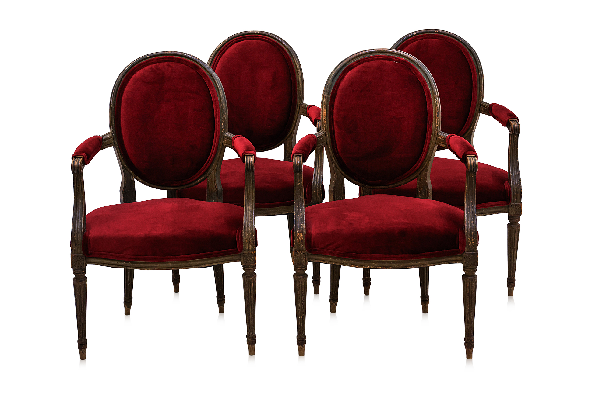 A SET OF ANTIQUE FOUR FRENCH FAUTEUIL ARMCHAIRS