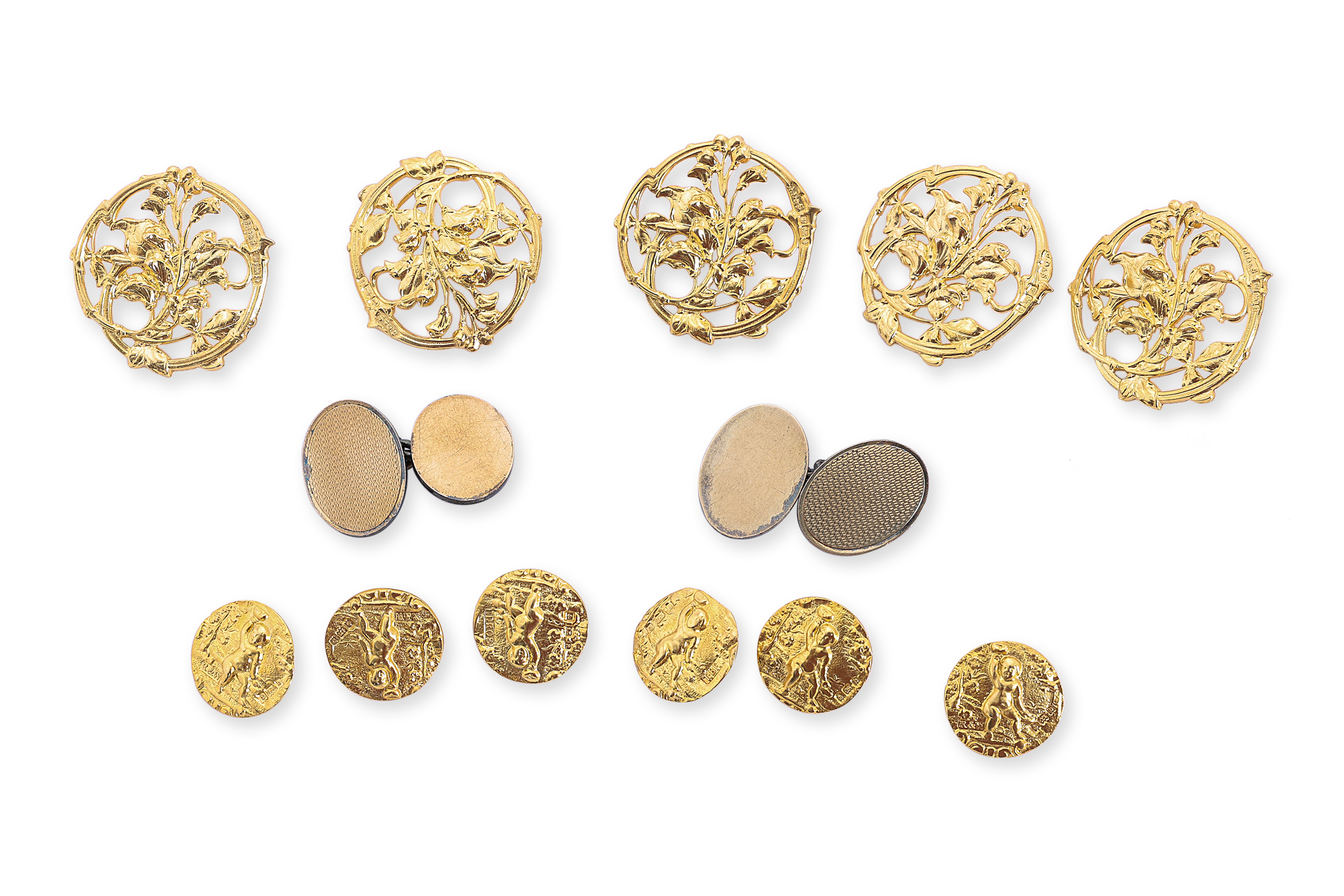 A GROUP OF SILVER GILT BUTTONS AND PAIR OF CUFFLINKS