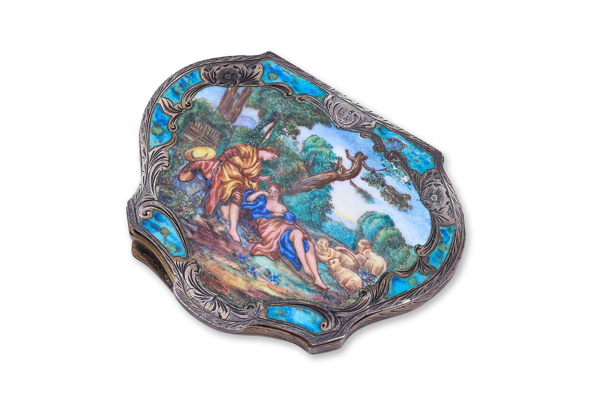 AN ITALIAN SILVER AND ENAMEL COMPACT